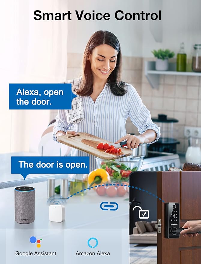 GEONFINO Smart Door Lock with Handle, 6-in-1 Fingerprint Keyless Entry Door Lock, Electronic Digital Deadbolt with Handle, Smart Lock Set Compatible with Alexa (Gateway Included)