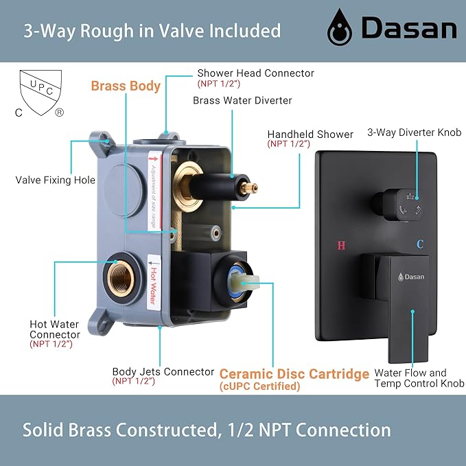 DASAN Full Body Shower System with 6 PCS Body Spray Jets & 12'' Rain Shower Head & Handheld, Ceiling Mount Rain Shower System Matte Black Shower Faucets Sets Complete with Valve, SA-SS03AMB-S12C2