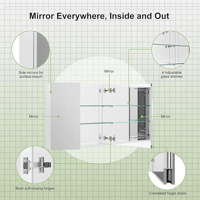 Sunrosa Aluminum Bathroom Medicine Cabinet with Mirror Door, 48" x 27.5", 3-Door Wall-Mounted & Recessed Bathroom Medicine Cabinet Organizer