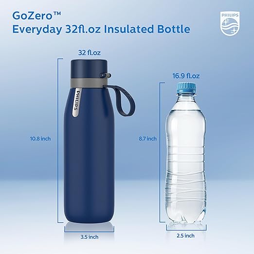 PHILIPS Filtered Water Bottle, Insulated Stainless Steel Water Purifier Bottle for Daily Life & Travel, BPA Free with GoZero Everyday Filter for Cleaner & Tastier Tap Water, Keeps Cold, 32 oz