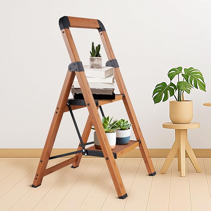 Step Ladder Folding 2-Step Ladders Aluminum Woodgrain Finish Step Stool Anti-Slip Portable Sturdy for Home & Kitchen Office 330 lbs