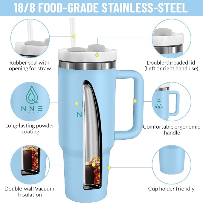 40oz stainless Steel Insulated Tumbler with Handle, lid and straw for cold water, Iced tea, or coffee - 100% Leak-Proof - Cupholder Friendly Travel Mug- Gifts for Women Men Him Her (Blue)