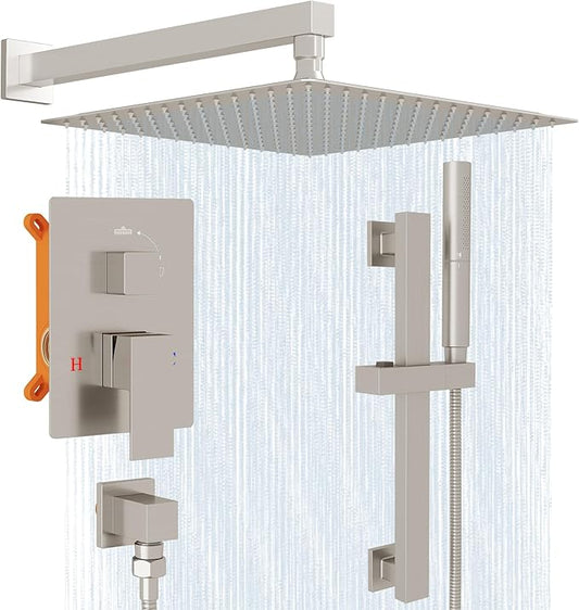 Hoimpro12 Inch Rain Shower System, High Pressure Shower Heads and Handheld 2-Spray Combo Set Slide Bar Shower Faucets Sets Complete Included Valve and Trim Kit for Bathroom, Brushed Nickel