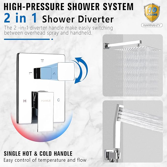 10 Inch Rainfall Shower System - Wall Mounted Complete Combo with Solid Brass Pressure Balancing Valve, High Pressure Shower Head, Handle Set & Installation Accessories Chrome