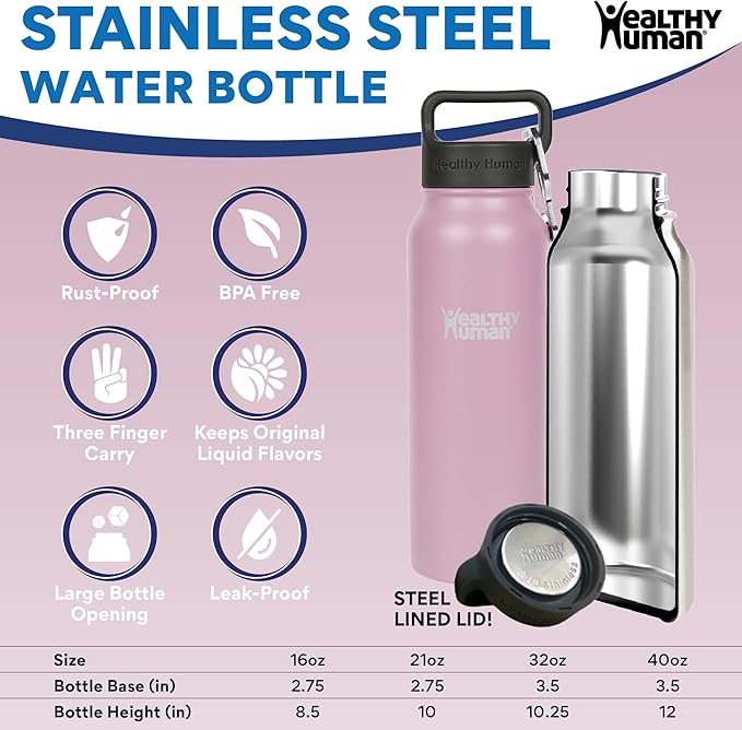 Healthy Human Stainless Steel Water Bottle | Double Walled Vacuum Insulated Water Thermos for Adults | Eco-Friendly Travel Bottles with Leak Proof Lid (Petal Pink, 16 oz/ 473 ML)