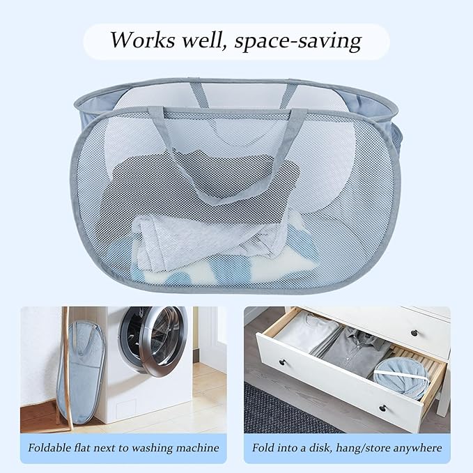 Extra Large Mesh Pop Up Laundry Hamper 2 Pack, 100L Foldable Laundry Baskets, Dirty Clothes Hamper with Pocket, Collapsible Hampers for Travel, Nursery, Dorm or Home. Grey 2H