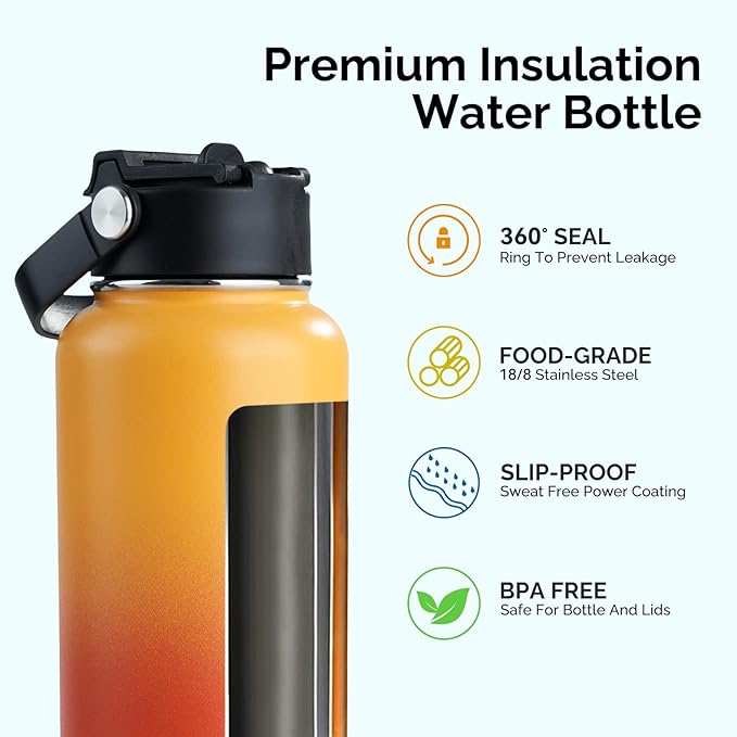 Kerilyn Stainless Steel Insulated Water Bottle, 40oz Double Wall Vacuum Insulated Water Bottle Leak Proof with Silicone Straw, Wide Mouth Lid, BPA Free, Keep Cold and Hot, 40oz, Orange Gradient