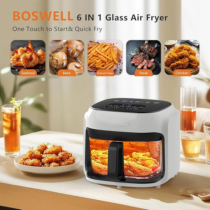 Glass Air Fryer, 7.6QT with Transparent Fry Bowl, Circulating Heating, Temperature Control, Air Fryer Roast, Dishwasher Safe (White)