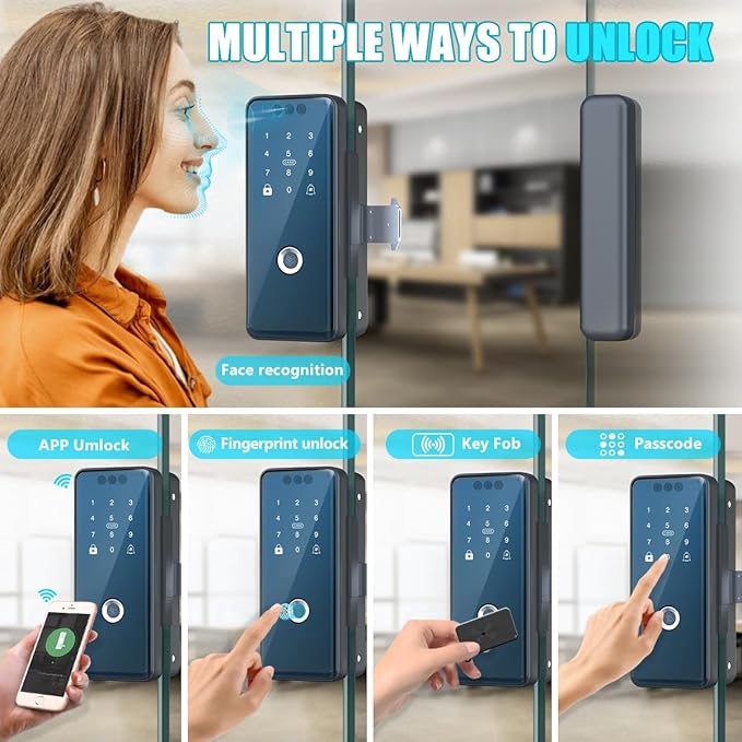 Smart Glass Door Lock WiFi 3D Face Recognition Biometric Fingerprint Digital Keypad Security Keyless Electronic Lock for Frameless Double Door Advanced Smart Lock Technology