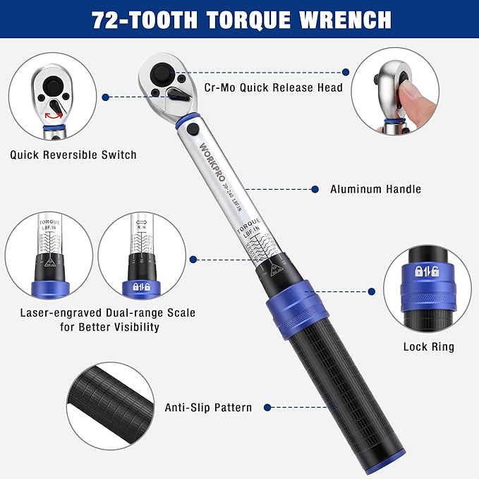 WORKPRO 1/4-inch Drive Click Torque Wrench, Inch Pound Bike Torque Wrench Set, Dual-Range 20-240 in.lb / 2.3-27.1 N.m, Lightweight Aluminum Handle, 72-Tooth, 14 Pcs, Precision for Bicycle Maintenance