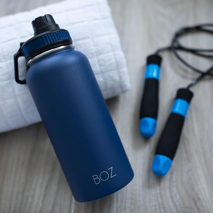 BOZ Stainless Steel Water Bottles 2 Pack Bundle - Blue Water Bottle + Black Water Bottle - Vaccum Insulated Water Bottles 32 Oz - Wide Mouth BPA Free Sport Water Bottles for Gym with Spout Lid
