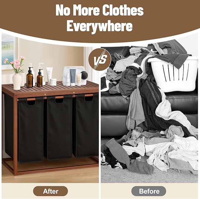 Bamboo Laundry Hamper 3 Section with Lid, 150 L Laundry Sorter with Pull-Out Removable Washable Bags, 3 × 12.5 Gal Divided Laundry Baskets for Laundry Room, Bathroom (Black)