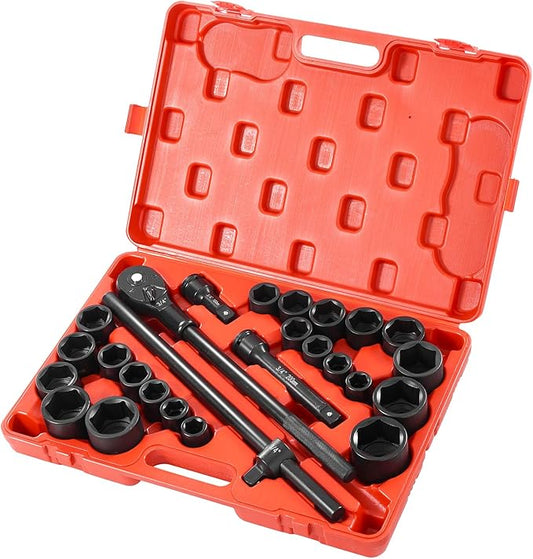 VEVOR Impact Socket Set, 3/4 Inches Socket Assortment, Drive Socket Set Impact Standard SAE (7/8 Inches to 2 Inches) & Metric Sizes (22 mm-50 mm), 27 Piece Standard Impact Sockets