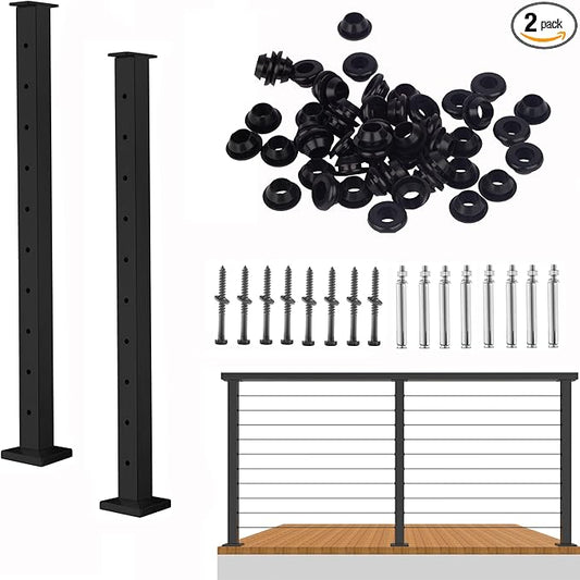 Cable Railing Post - Stainless Steel Square Fence Post for Deck Cable Railing System (36" Level-drilled-2 Pack, Black)