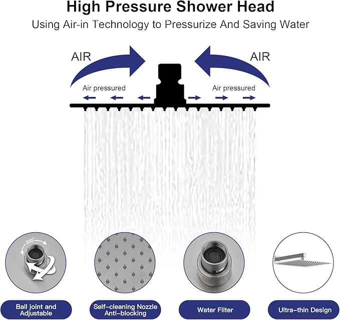 RUMOSE Brushed Nickel Rainfall Shower System 12 Inch High Pressure Square Shower Head with 2 in 1 Handheld Spray Wall Mount Brass Bathroom Shower Faucet Set with cUPC Certified Rough-in Valve