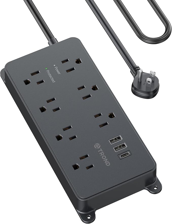 TROND Power Strip Surge Protector 10ft, ETL Listed, Flat Plug Extension Cord with 2 USB-A & 1 USB-C, Wall Mountable, 7 Widely-Spaced Outlets, 1700J, for Home Office Garage, Black