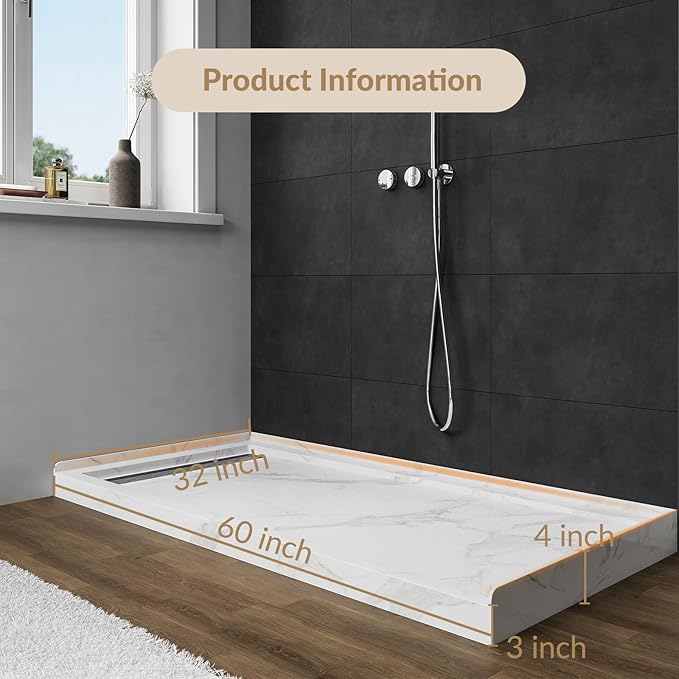 MORVANO 60 x 32 Shower Base with Single Threshold Rectangular Left Drain Location Shower Base,Shower Pan With Stainess Steel Cover,Marble White Acrylic Shower Base