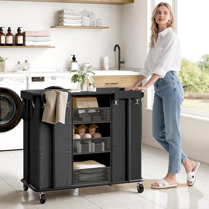 WOWLIVE Laundry Sorter 2 Section 200L Rolling Laundry Hamper with Hanging and Removable Bags Laundry Cart with Steel Frame and Storage Unit Large Basket Organizer for Dorm Room, Bathroom (Black)
