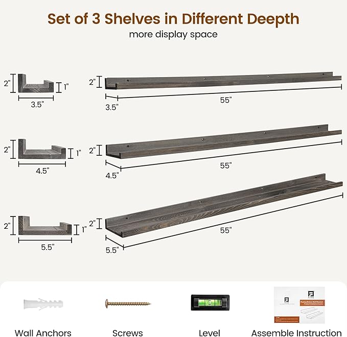 Picture Ledge Wall Shelves 56 Inches Width Set of 3, Solid Pine Wood Rustic Floating Ledge for Kids' Room Bedroom Kitchen Bathroom, Long Floating Shelves for Wall Decor, Grey