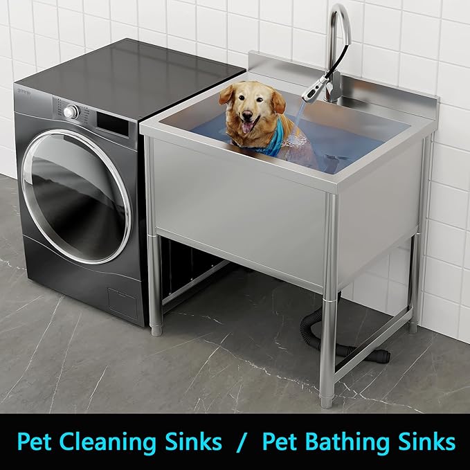 Stainless Steel Commercial Restaurant Sink, Freestanding Large Commercial Sink with Pull-out Faucet for Kitchen Dishwashing, Thawing, Pet Cleaning, Laundry Room, 23.6"D x 27.5"W x 36.8"H