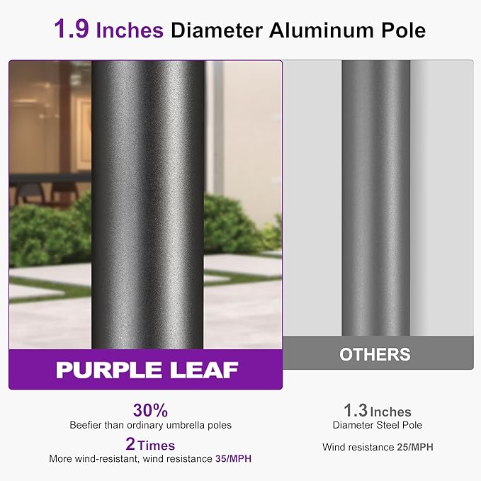 PURPLE LEAF 9 FT Semi-Auto Outdoor Patio Umbrella with Base Market Table Sun Umbrellas with 8 Aluminum Sturdy Ribs for Backyard Deck Garden Pool (Gray Pole Beige Canopy)