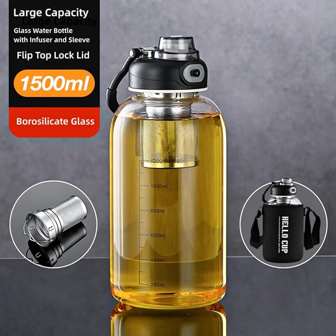 Glass Tea Bottle with Infuser 33oz - Large Glass Tea Tumbler with Lock Lid and Sleeve,Leakproof Glass Sports Water Bottle with Direct Drink Spout for Gym Home Workout