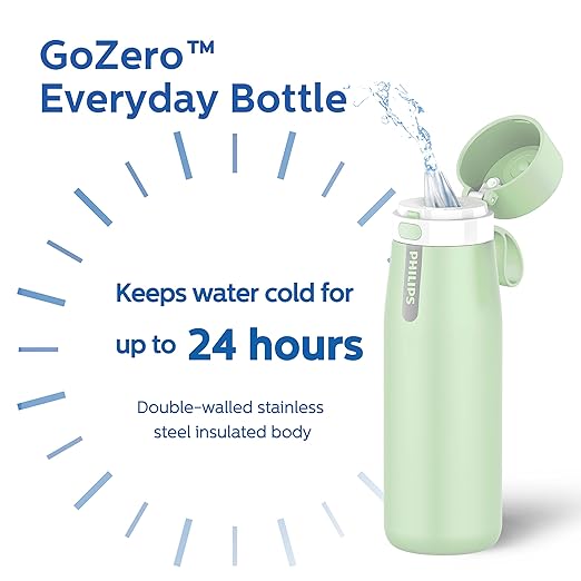 PHILIPS Filtered Water Bottle, Insulated Stainless Steel Water Purifier Bottle for Daily Life & Travel, BPA Free with GoZero Everyday Filter for Cleaner Tastier Tap Water, Keeps Cold, 18.6 oz Green
