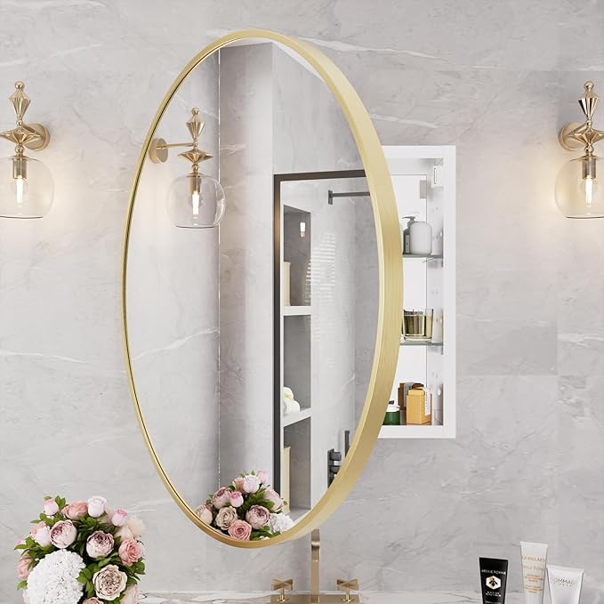 WallBeyond Bathroom Medicine Cabinet with Mirror, 28 Inch Gold Round Mirror Medicine Mabinet Wall Mounted with Aluminum Alloy Metal Framed, Surface Mount Medicine Cabinet with Storage