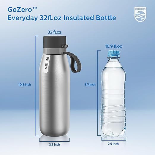 Philips GoZero Everyday Insulated Stainless Steel Water Bottle with Philips Everyday Tap Water Filter BPA Free Transform Tap Water into Healthy Tastier Water Keep Drink Hot/Cold, 32 oz, Stainless