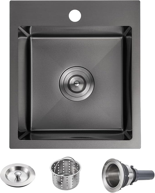 POPFLY Kitchen Sink, 15×17 Inch Drop In Black Small Kitchen Sinks, 304 Stainless Steel Bar or Prep Rv Single Bowl Sink, Fregaderos De Cocina Modernos