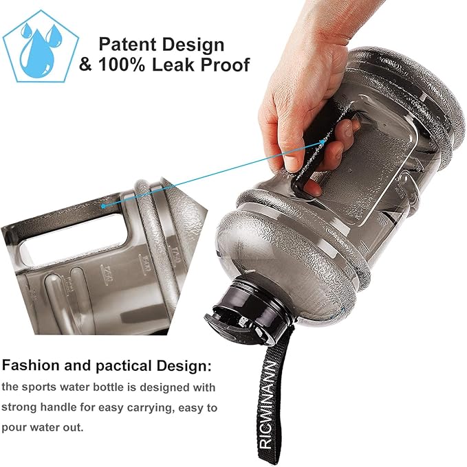 Water Jug 2.2L Large Sport Water Bottle Big Capacity Leakproof Container BPA Free Plastic with Carrying Loop Fitness for Camping Training Bicycle Hiking Gym Outdoor (Black)