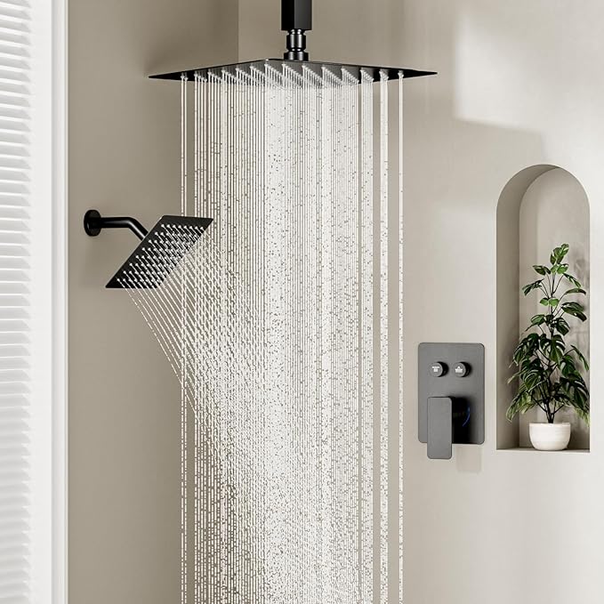 Shower Faucets Sets Shower System Matte Black, STARBATH 10" Ceiling Mount Rain Showerhead and 6" Wall Mounted Rainfall Shower for Couples, On Off Button Valve Dual Head Shower Systems Complete
