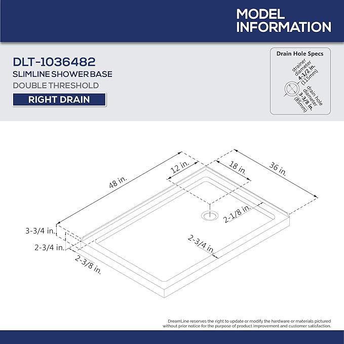 DreamLine SlimLine 36 in. D x 48 in. W x 2 3/4 in. H Right Drain Double Threshold Shower Base in Biscuit, DLT-1036482-22