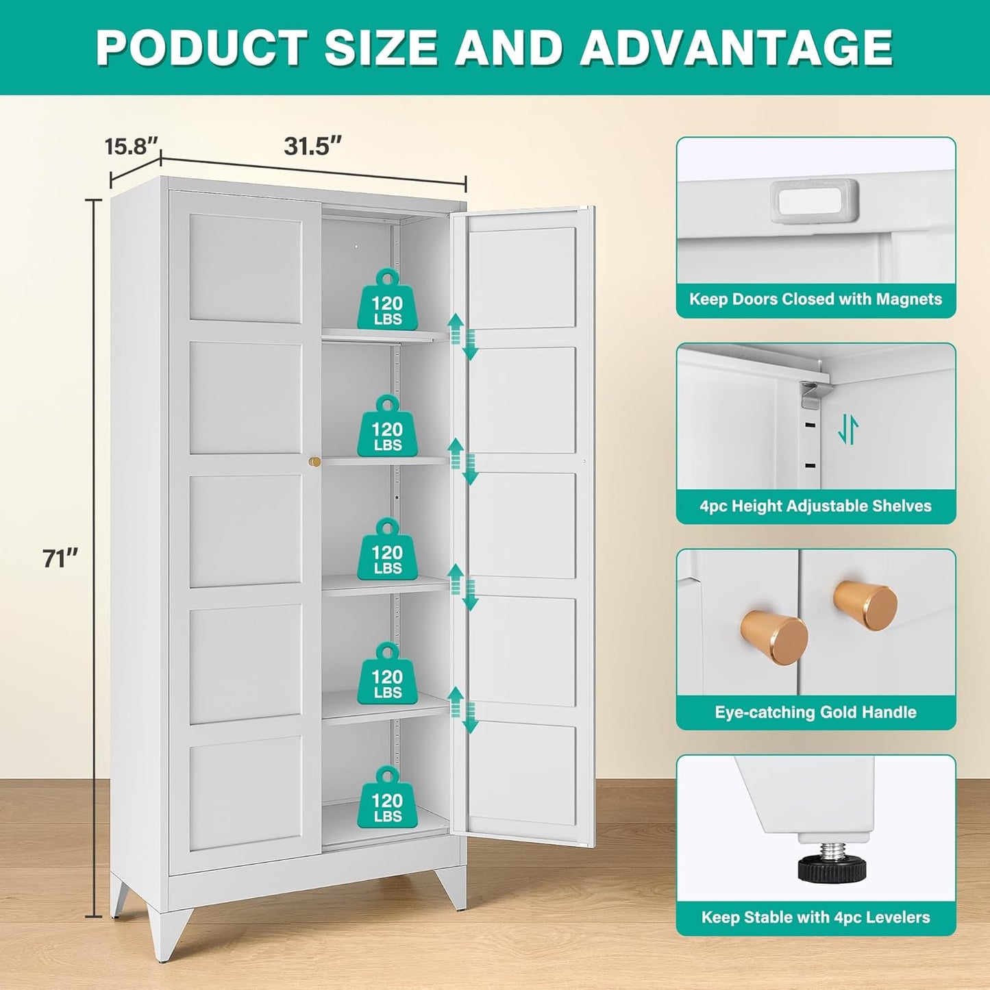 Metal Storages Cabinet with 2 Doors and 5 Shelves,Tall Storage Cabinet,Large Cupboard Closet,Pantry Storage Cabinet for Home,Office,Bathroom,Dining/Living Room (White, 71" H)