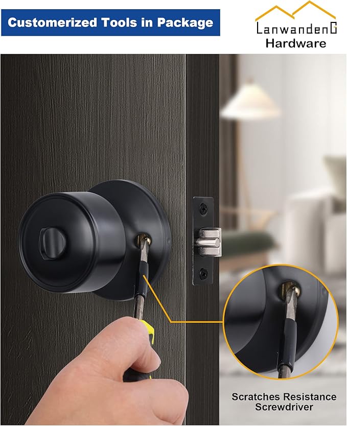 Lanwandeng Keyed Entry Door Knob with Lock, Interior and Exterior Door Lock, Matte Black Entrance Door Lock with Screwdriver