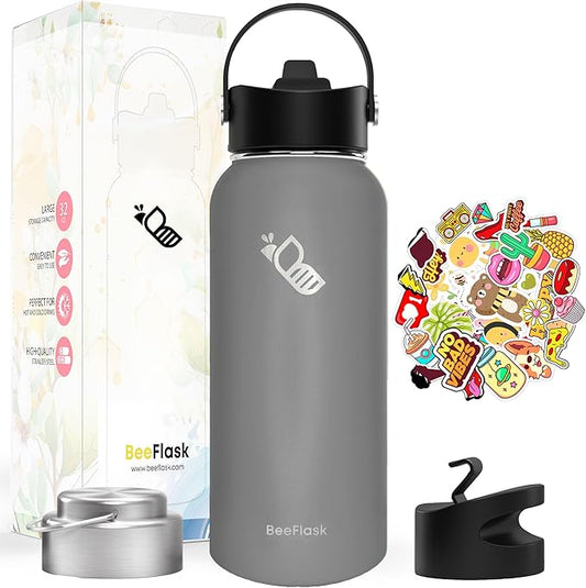 Sports Water Bottle - 32 Oz, 3 Lids (With straw), 50 Cute Stickers, Vacuum Insulated, 308 Stainless Steel, with a Portion of Sales Supporting Bee Conservation Efforts (Gray)