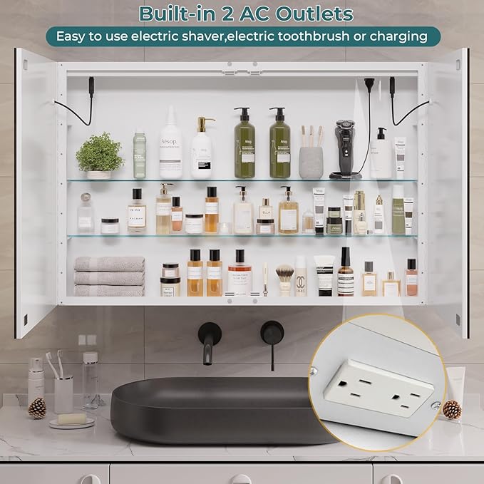 DICTAC Medicine Cabinet with Mirror and LED Light, Wall Mounted Bathroom Mirror with Storage, 2 Doors Bathroom Wall Cabinet, Memory Dimmable 3 Color Temp, Adjustable Shelves, 35.4''x23.6''