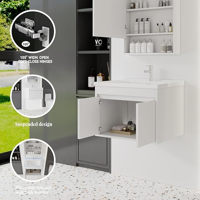 28'' Bathroom Vanity with Ceramic Sink Combo, Wall Mounted Small Bathroom Vanity with Soft-Close Door Modern Floating Cabinet, Pop-up Drain, P-Trap Included, White(No Faucet)