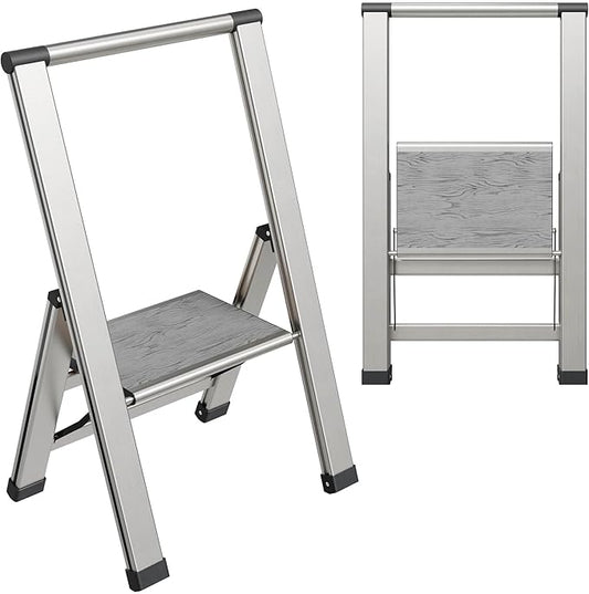 Step Ladder 1 Step Folding, Decorative - Beautiful Gray Wood & Silver Aluminum, Ultra Slim Profile, Anti Slip Steps, Sturdy-Portable for Home, Office, Kitchen, Photography Use,by SORFEY