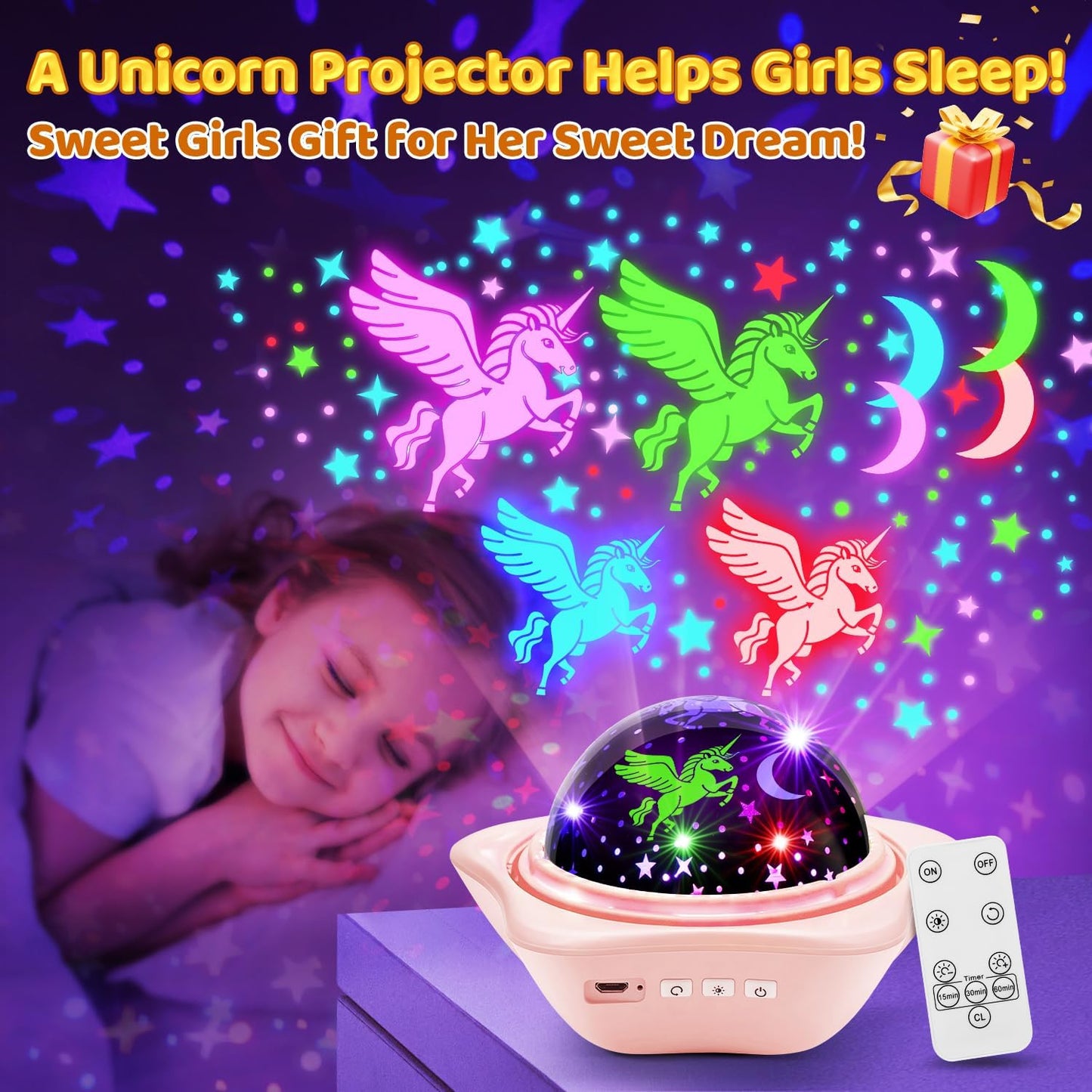 Girls Toys, 【6 Slides+96 Projections】Unicorn Night Light Projector,【Unicorn+Mermaid+Princess】Girls Toys 0-14,Star&Moon Projector for 3 Year Old Girl Gifts, Birthday Gifts,Juguetes para Niñas,Baby Gift