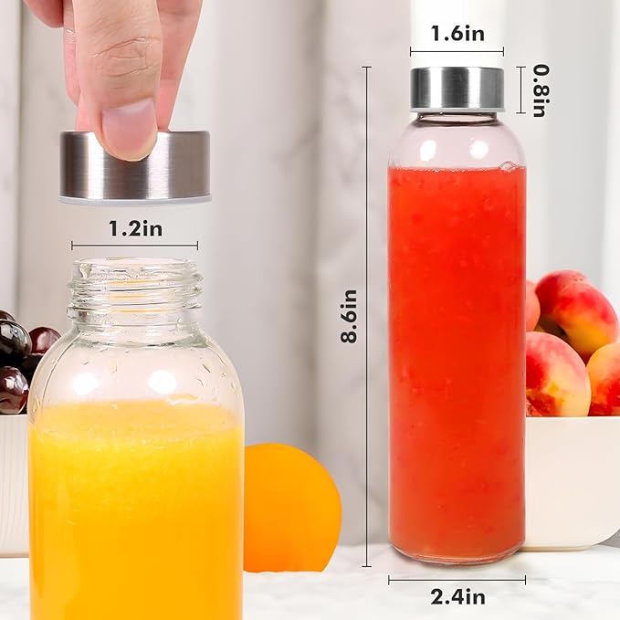 Clear Glass Water Bottles with Lids, BPA Free&Eco Friendly 100% Leak Proof,Reusable Juice Bottles Refrigerator, 18 Oz&Set of 6 (6)