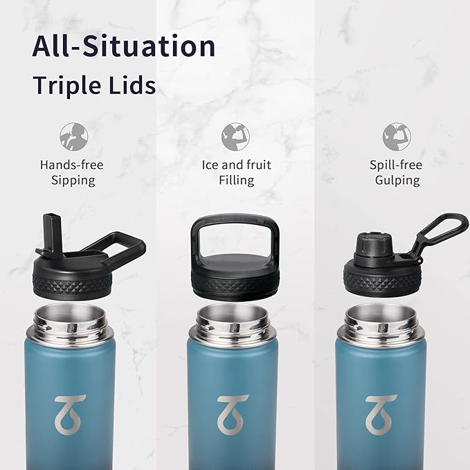 Trebo 24 oz Water Bottle Insulated with Lid and Straw,Double Wall Vacuum Stainless Steel Metal Tumbler Sports Flask with Paracord Handle, Keep Cold 48 Hours Water Cup with 3 Lids, Indigo/Black