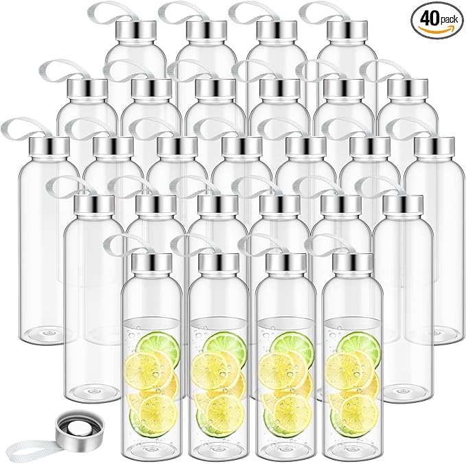 Zubebe 40 Pcs 14 oz Reusable Water Bottles Bulk Clear Bottles with Stainless Steel Leak Proof Lids Acrylic Bottles with Nylon Carrying Strap Shaker Bottles for Water, Milk, Smoothie, Juice Beverage