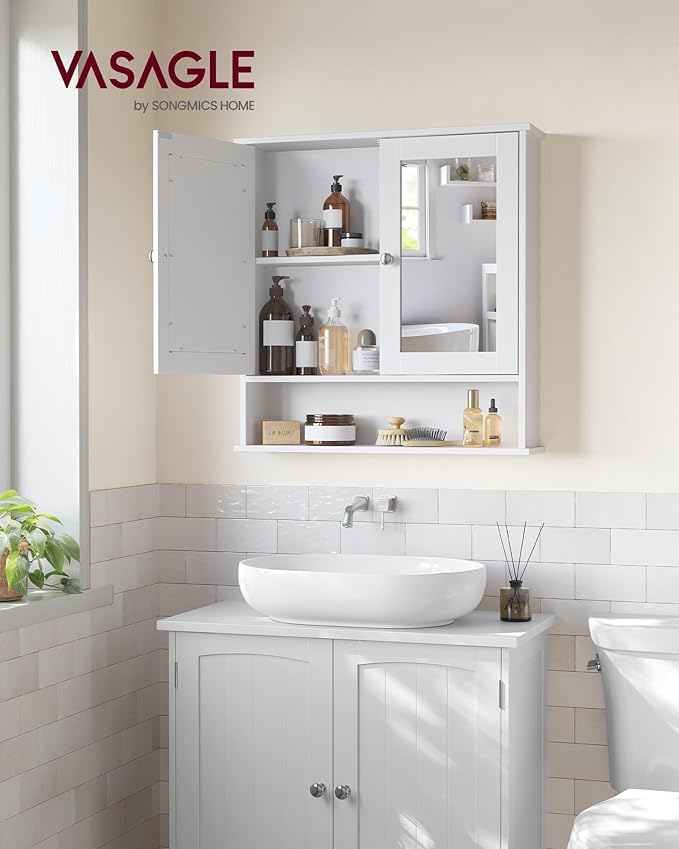 VASAGLE Bathroom Cabinet with Mirror, Wall Cabinet with 2 Mirrored Doors, Adjustable Shelf, Open Compartment, Wall-Mounted, 5.1 x 22.2 x 23 Inches, White ULHC002