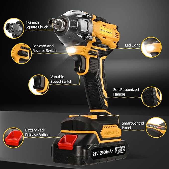 300N Cordless Impact Wrench, 21V Torque Power Driver, 1/2" Brushless Gun With 2*2.0Ah Batteries, 19 Accessories, Electric Motor Variable Speeds for Home Installation (Yellow)