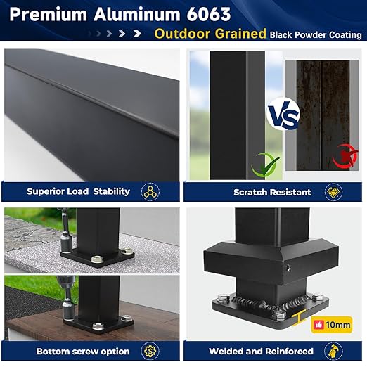 2.56 in. x 2.56 in. x 39 in. Aluminum Railing Post with Screws & Drill, Porch and Deck Railing Post, Black Textured Powder-Coat Finish Stair Post for Decks, Porches & Balconies (1x39 Post)