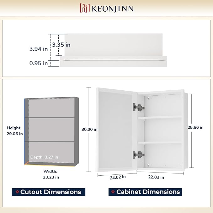Keonjinn 24” x 30” White Bathroom Medicine Cabinets with Mirror Recessed or Surface Wall-Mounted Aluminum Alloy Metal Framed Beveled Bathroom Mirror, Large Single Door Farmhouse Storage Cabinet Mirror