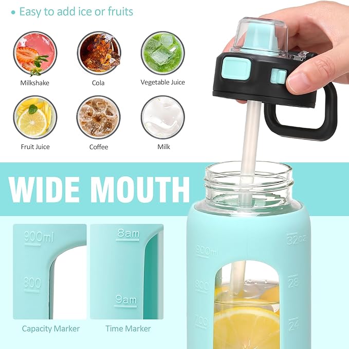 Kodrine Water Bottle with Soft Straw and Carry Loop, 32 oz Glass Water Bottle with Locking Lid, Clear Water Bottles Sports, Drinking Bottle for Travel Home Gym, Leakproof(Light Blue)