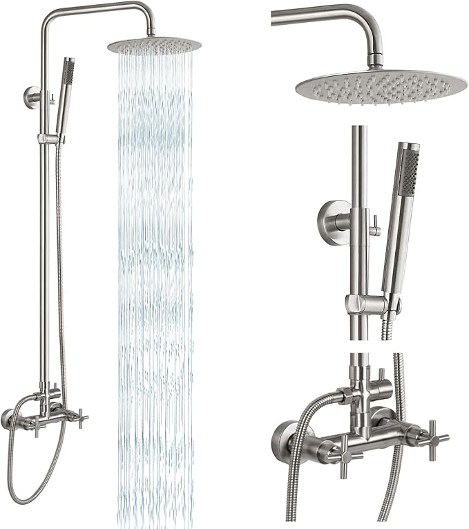 gotonovo Outdoor Shower Fixtures SUS304 Stainless Steel Rain Shower Kit Faucet High Pressure Wall Mount 2 Dual Function 8 Inch Showerhead and Handheld Spray Combo, Double Cross Handle, Brushed Nickel