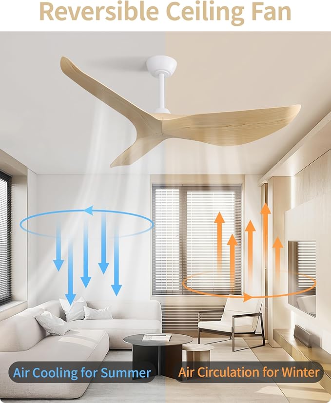 CACI Mall Ceiling Fans Without Lights - 52 Inch Flush Mount Ceiling Fan with 6 Speeds 3 Timer Remote, Quiet Reversible DC Motor and 5"/10"/25" Replacement Downrods (Light Wood Blades)